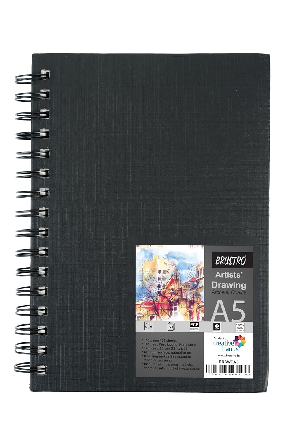 BRUSTRO Graphite Pencil set of 5 (2B, 4B, 6B, 8B, 10B) with Artists Sketch Book Wiro Bound A5 Size (14.8 CM x 21 CM), 116 Pages,160 GSM (Acid Free) and ECO PVC dust Free Erasers (2 Pcs)