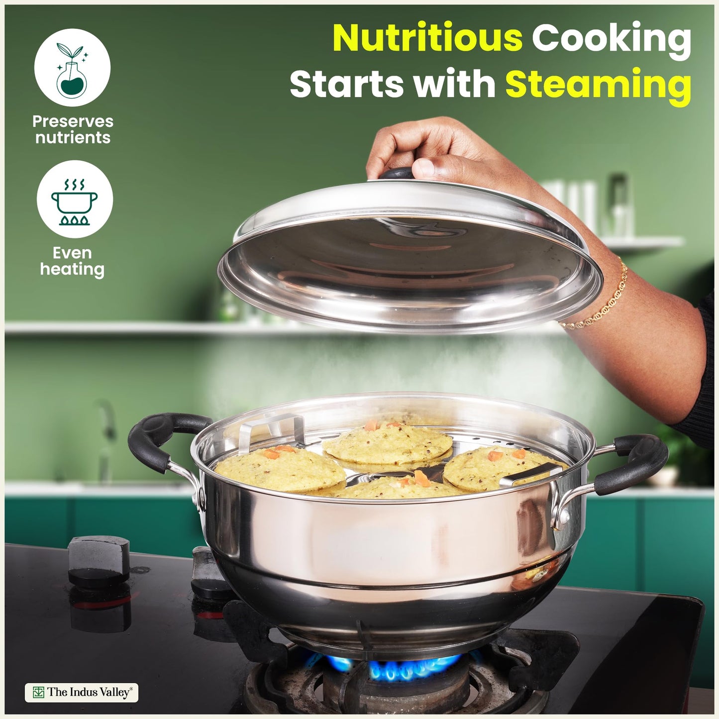The Indus Valley Stainless Steel Idli Maker/Momo Maker/Multi Kadai/Steamer Set | Small, 5 Plates, 2 Idli | 2 Dhokla | 1 Steamer | 23cm/9 inch, 3Ltr, 1.7kg | 3-Layer Thick Bottom | Induction friendly