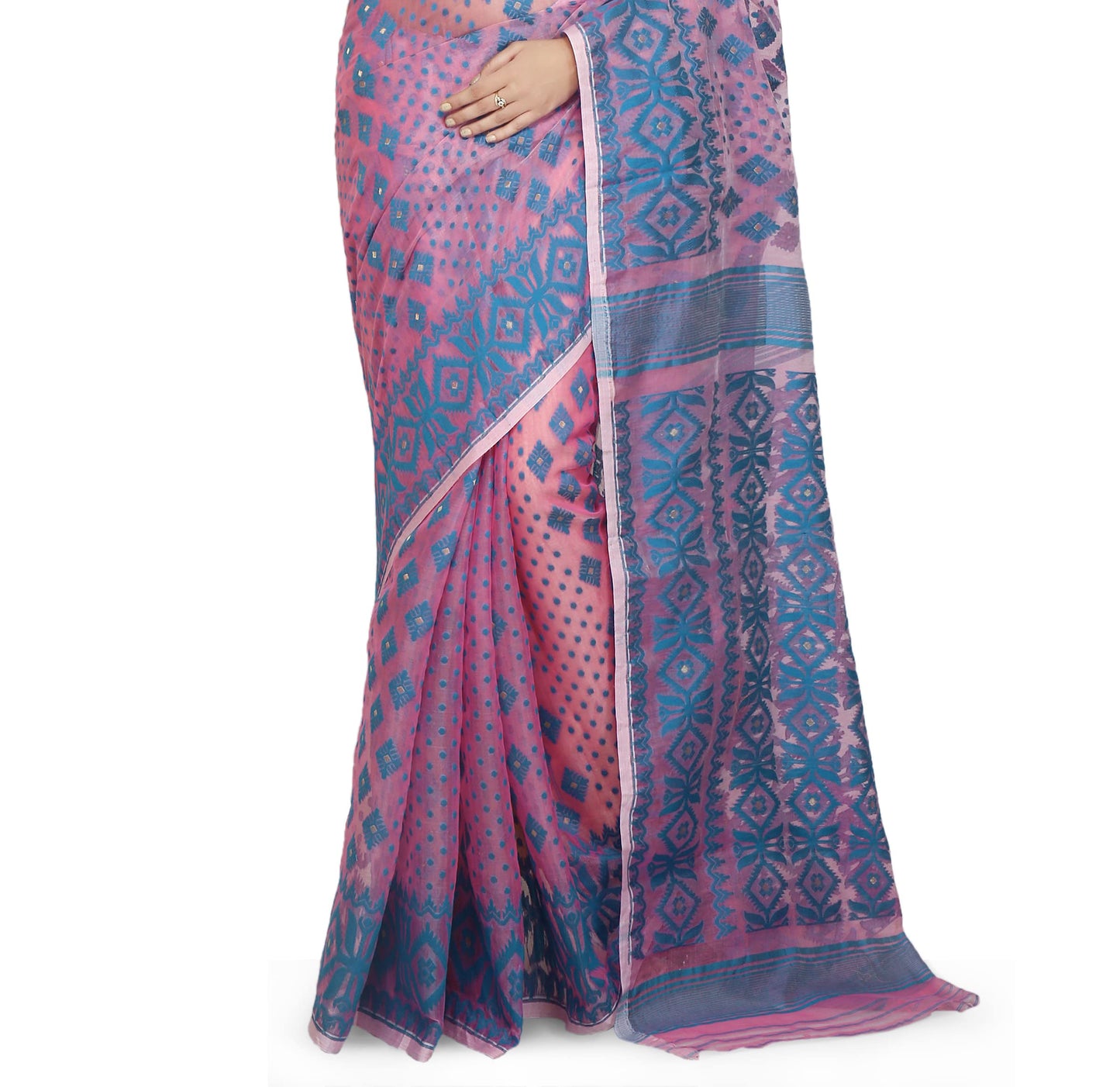 BENGAL HANDLOOM Exclusive Women's Cotton Silk Dhakai Allover Soft Jamdani Saree, Pink