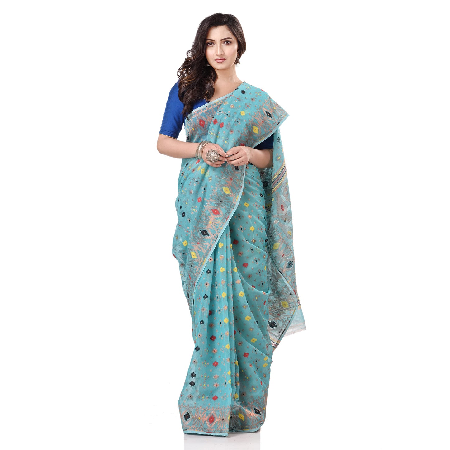 Tantloom Women's Jamdani Cotton Blend Saree With Blouse Piece (Tl290722Jmzarikarat_F_Firozi)