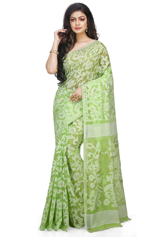 Bengal Handloom Women's Jamdani Cotton Saree Without Blouse Piece (Pakhid_Green)