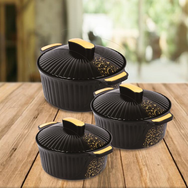 Black|Sonet Insulated Casserole, Set of 3 / 500ml+1000ml+1500ml