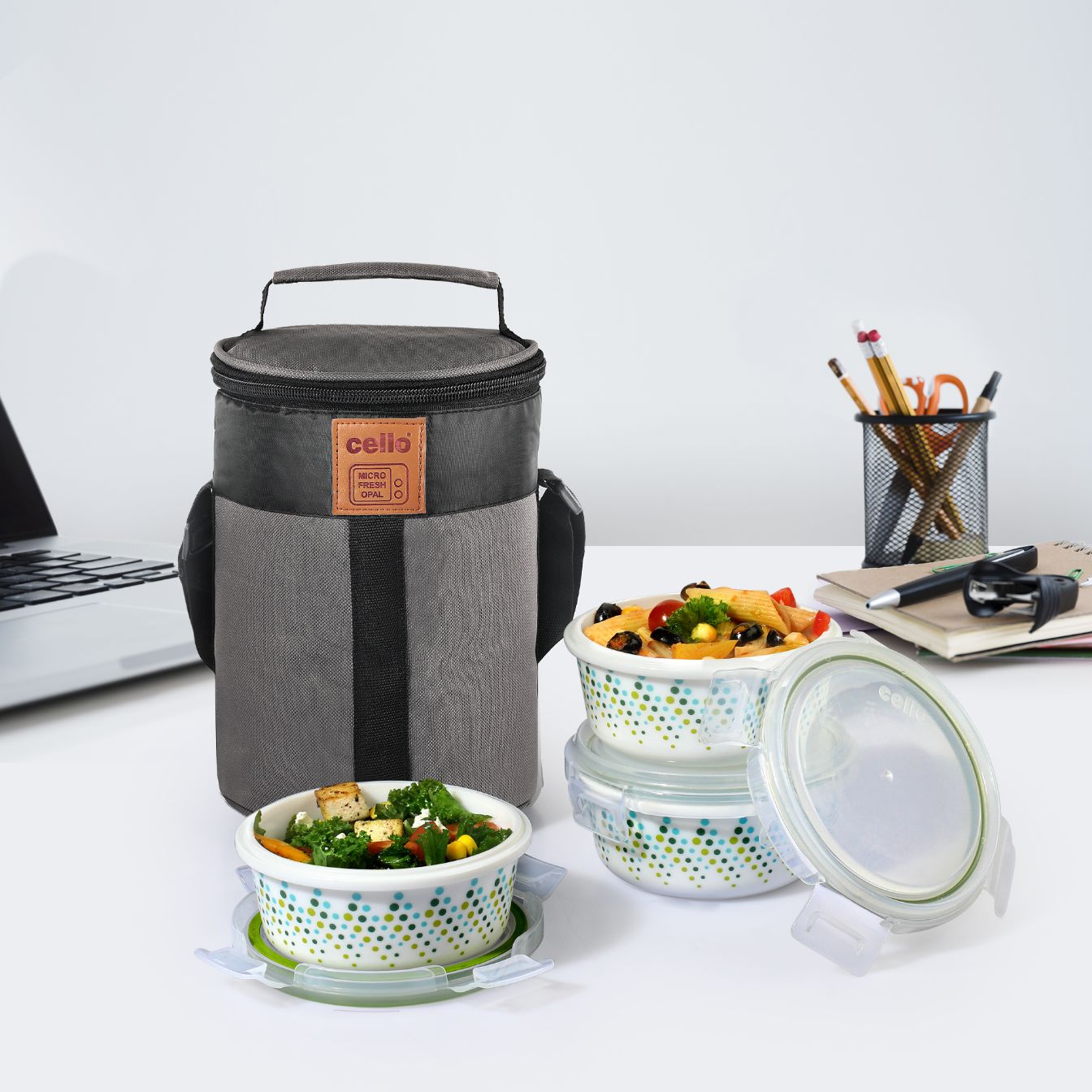 White|Bubble Drop Opalware Lunch Box with Jacket / 3 Piece