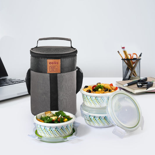 White|Bubble Drop Opalware Lunch Box with Jacket / 3 Piece