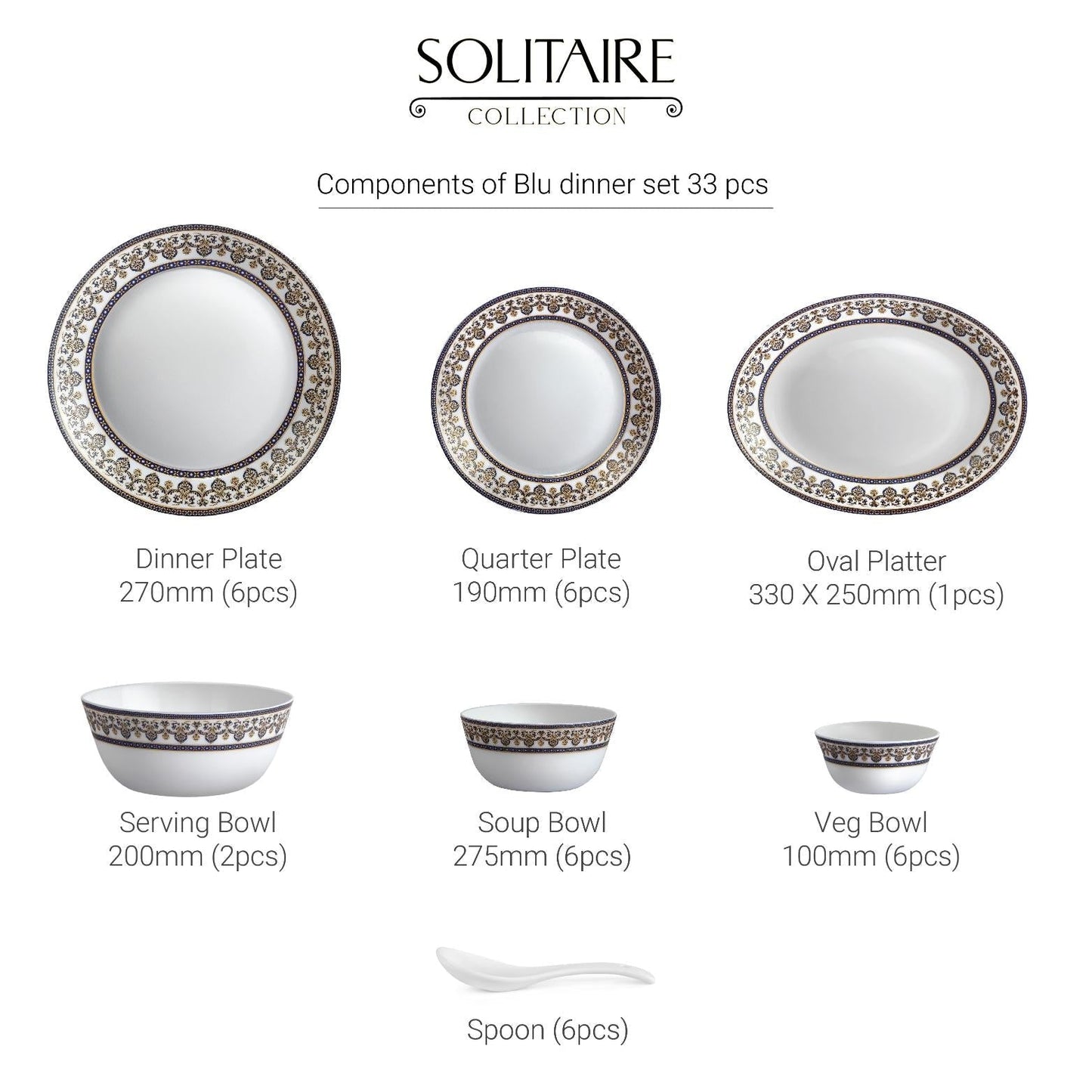 Solitaire 33 pc AB Series Dinner Set Family of 6, Blu
