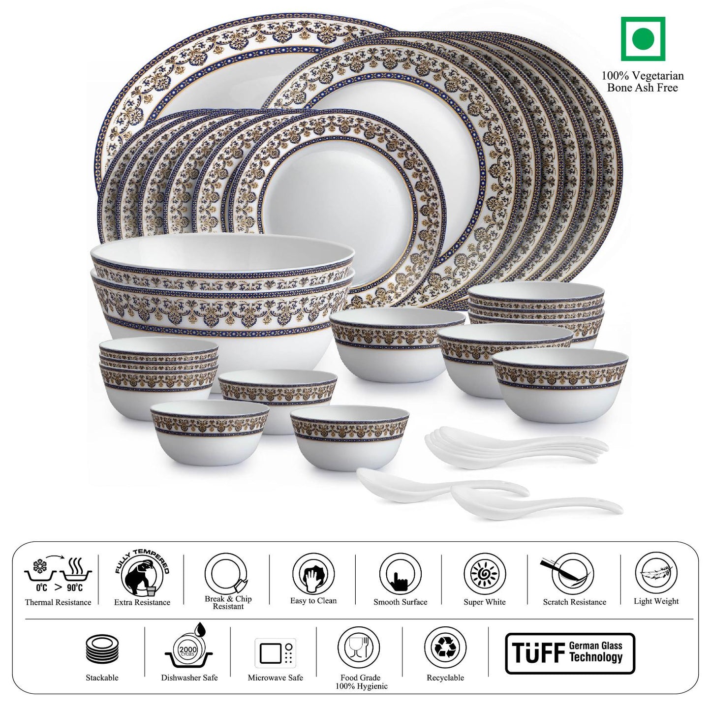 Solitaire 33 pc AB Series Dinner Set Family of 6, Blu