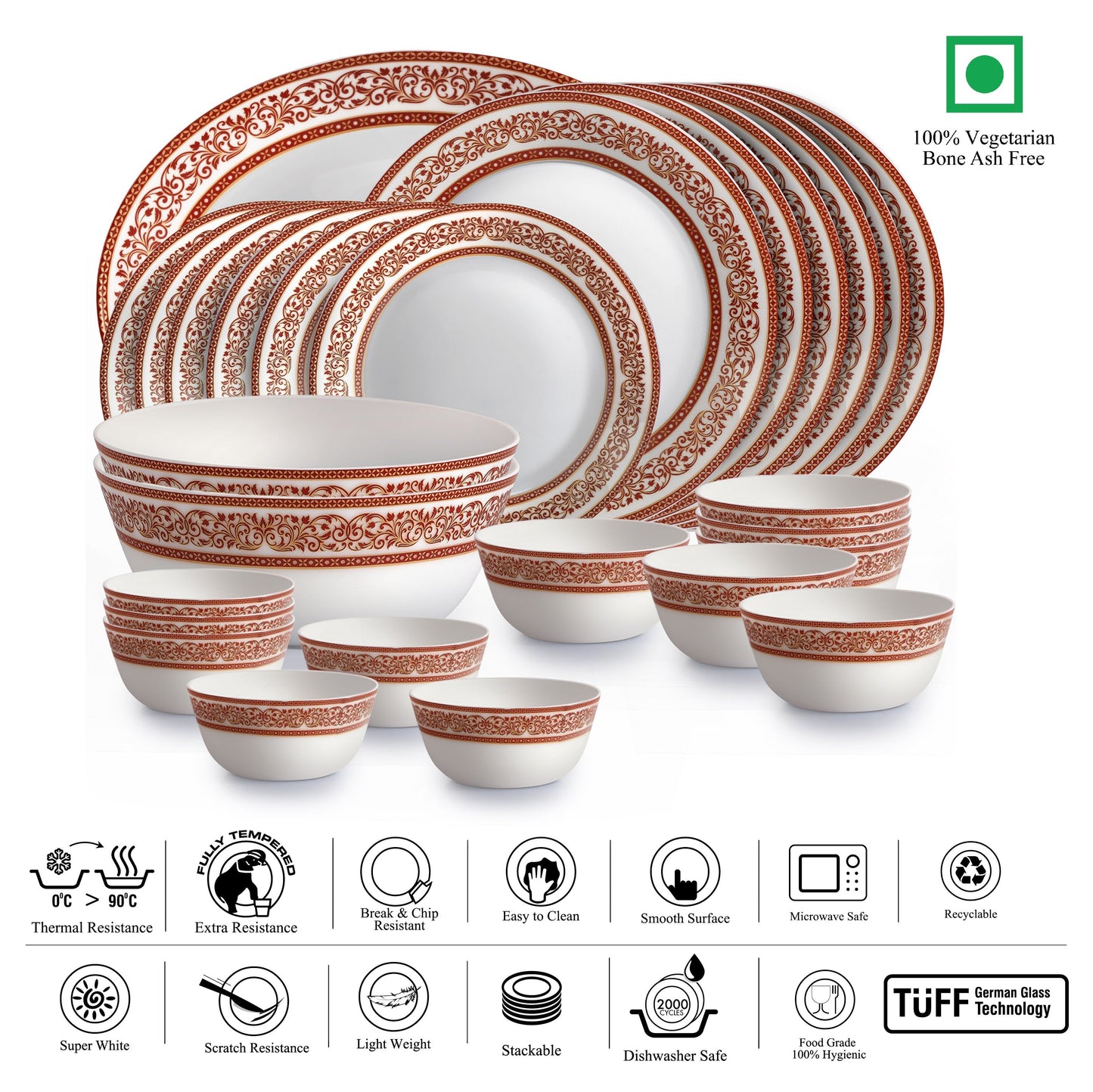 Solitaire Series 27 Pieces Ruby Opalware Dinner Set, Family of 6