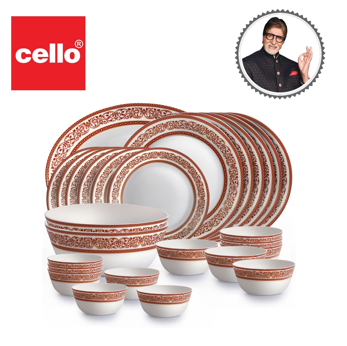 Solitaire Series 27 Pieces Ruby Opalware Dinner Set, Family of 6