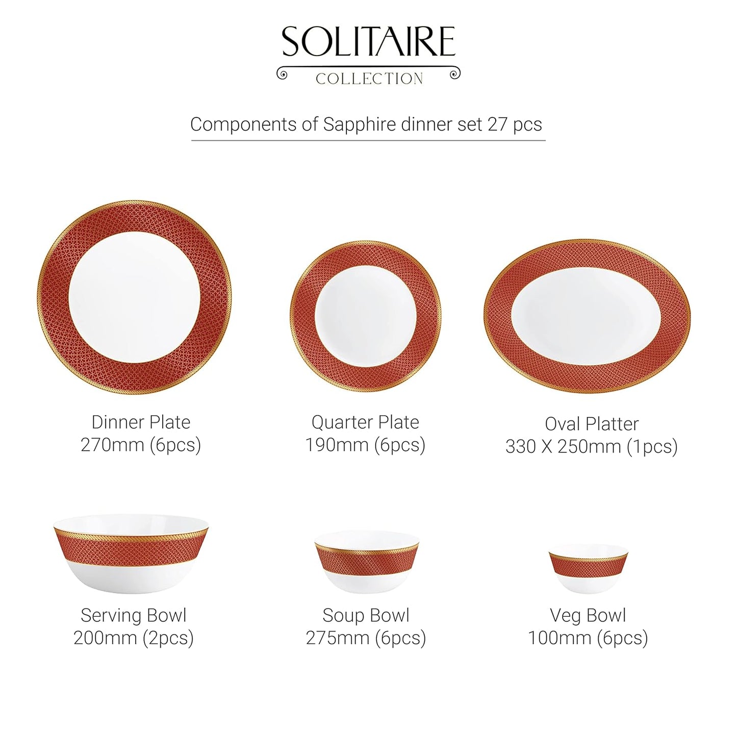 Solitaire Series 27 Pieces Ruby Opalware Dinner Set, Family of 6