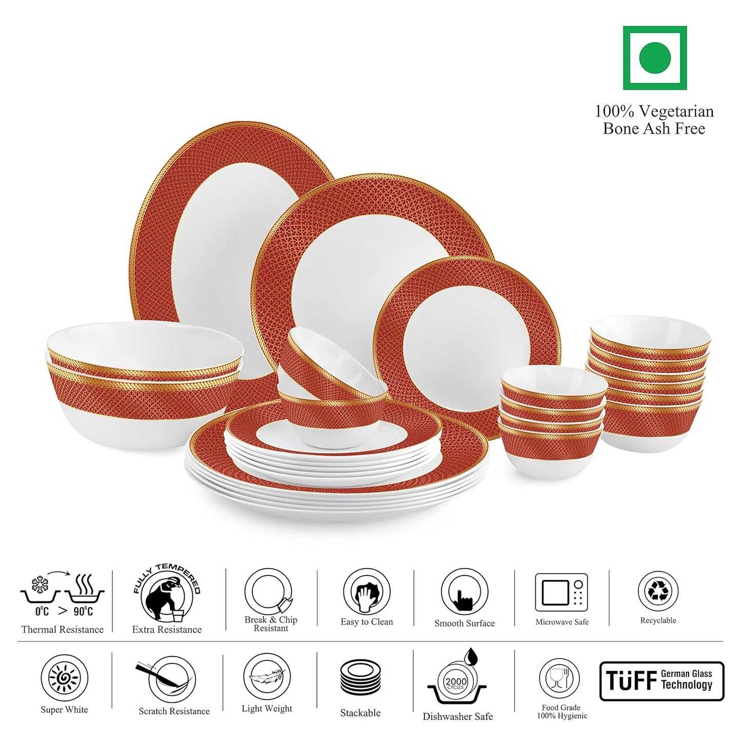 Solitaire Series 27 Pieces Ruby Opalware Dinner Set, Family of 6