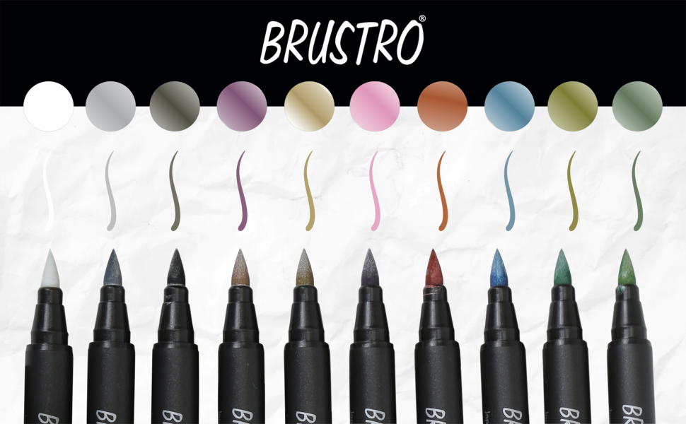 BRUSTRO Metallic Brush Pens - Soft Brush Tip for Calligraphy, Hand Lettering, Colouring, Scrapbooking, Card Making - Set of 10 Colors.