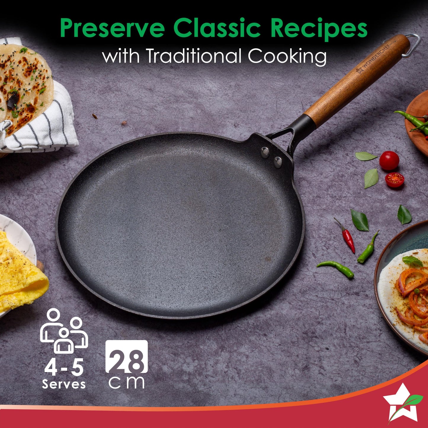 Wonderchef Pre-Seasoned Ferro Light 28cm Dosa Tawa | 4MM | Acacia Wooden Handles | Gravity Moulding Technology | No Chemical Coating |10 Year Warranty