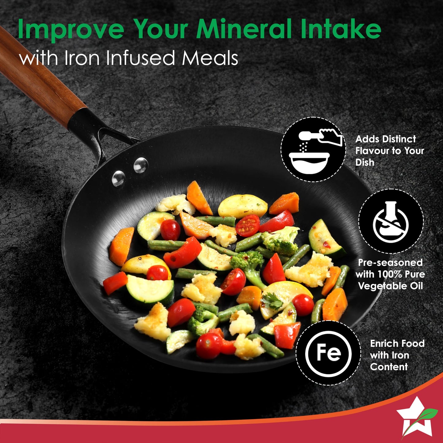 Wonderchef Pre-Seasoned Ferro Light 24cm Cast Iron Fry Pan | 1.4L | Acacia Wooden Handles | Gravity Moulding Technology | No Chemical Coating |10 Year Warranty