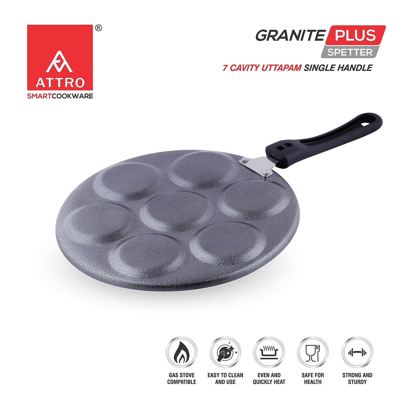 Attro Non Stick Heavy Duty 7 Cavity Single Handle Uttapam Tawa, Spatter Finish, Black