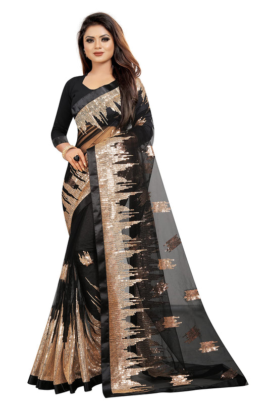 Vastraani Women's Sequined Woven Net Saree with Blouse Piece (Black, Free Size)