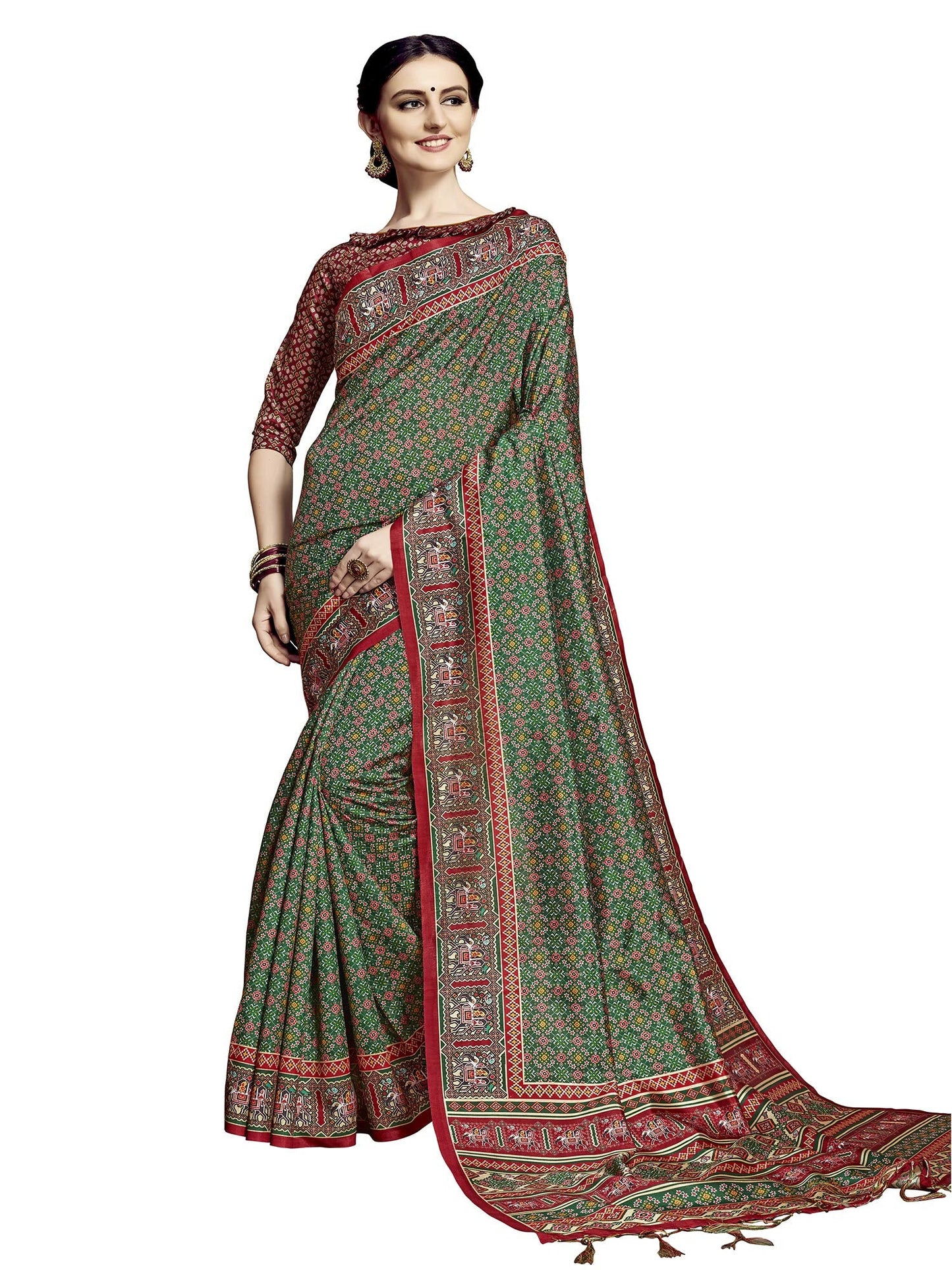 AKHILAM Women's silk blend Saree with Unstitched Blouse Piece (Free size_Green_RJWDP5303)
