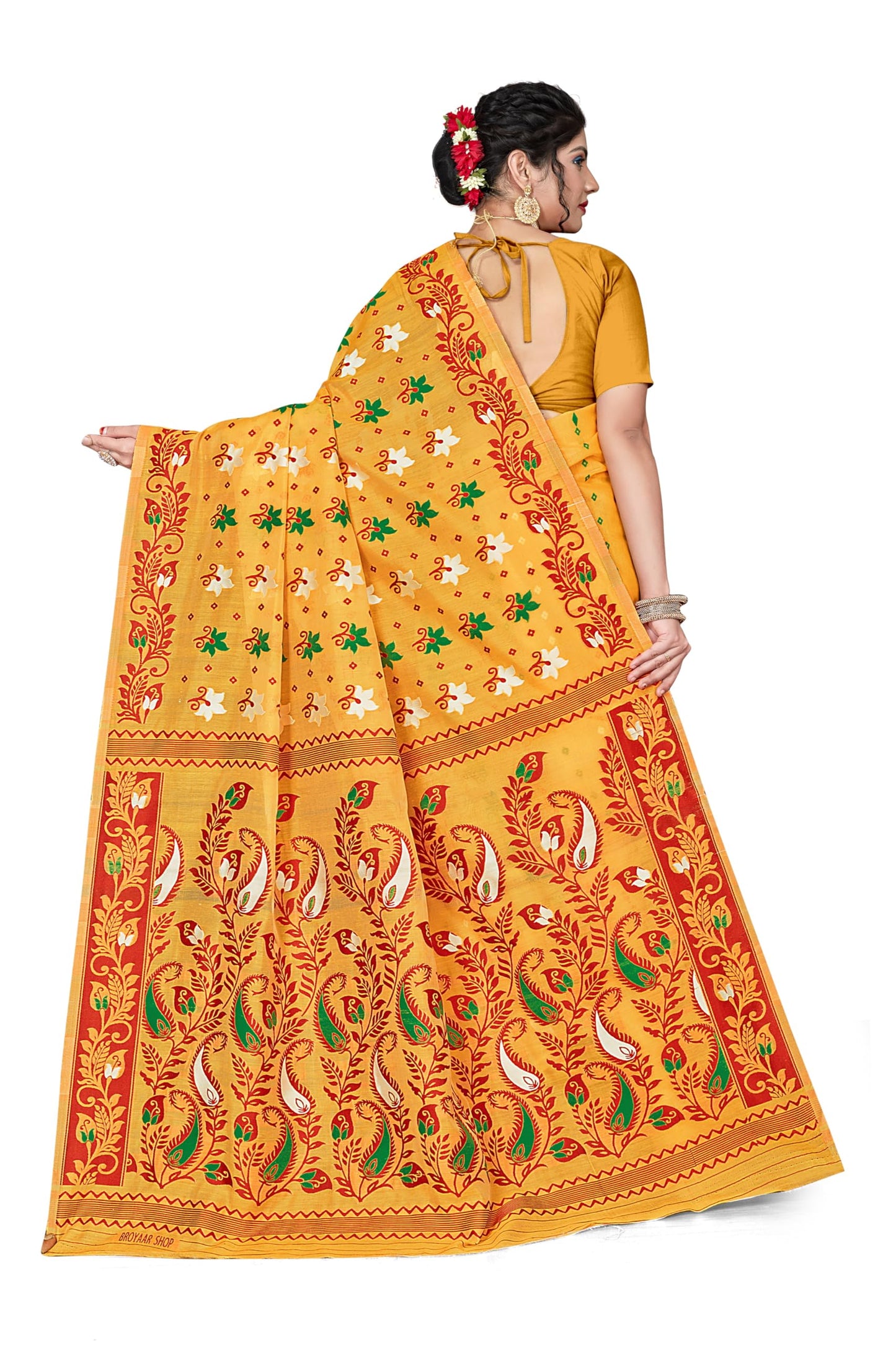 BROYAAR SHOP Women Soft Resham Dhakai Jamdani Relaxed Fit Blend Silk Saree Whole Body Design Without Regular Fit Blouse Piece(Gold)