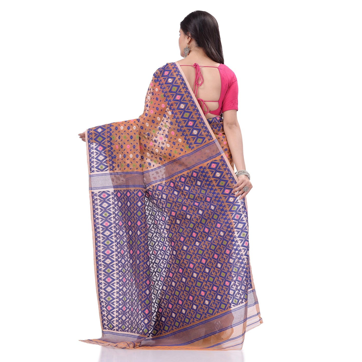 TANTLOOM Sparkle Diamond Resham Dhakai Jamdani Bengal Woven Handloom Pure Cotton Saree for Women Without Blouse Piece