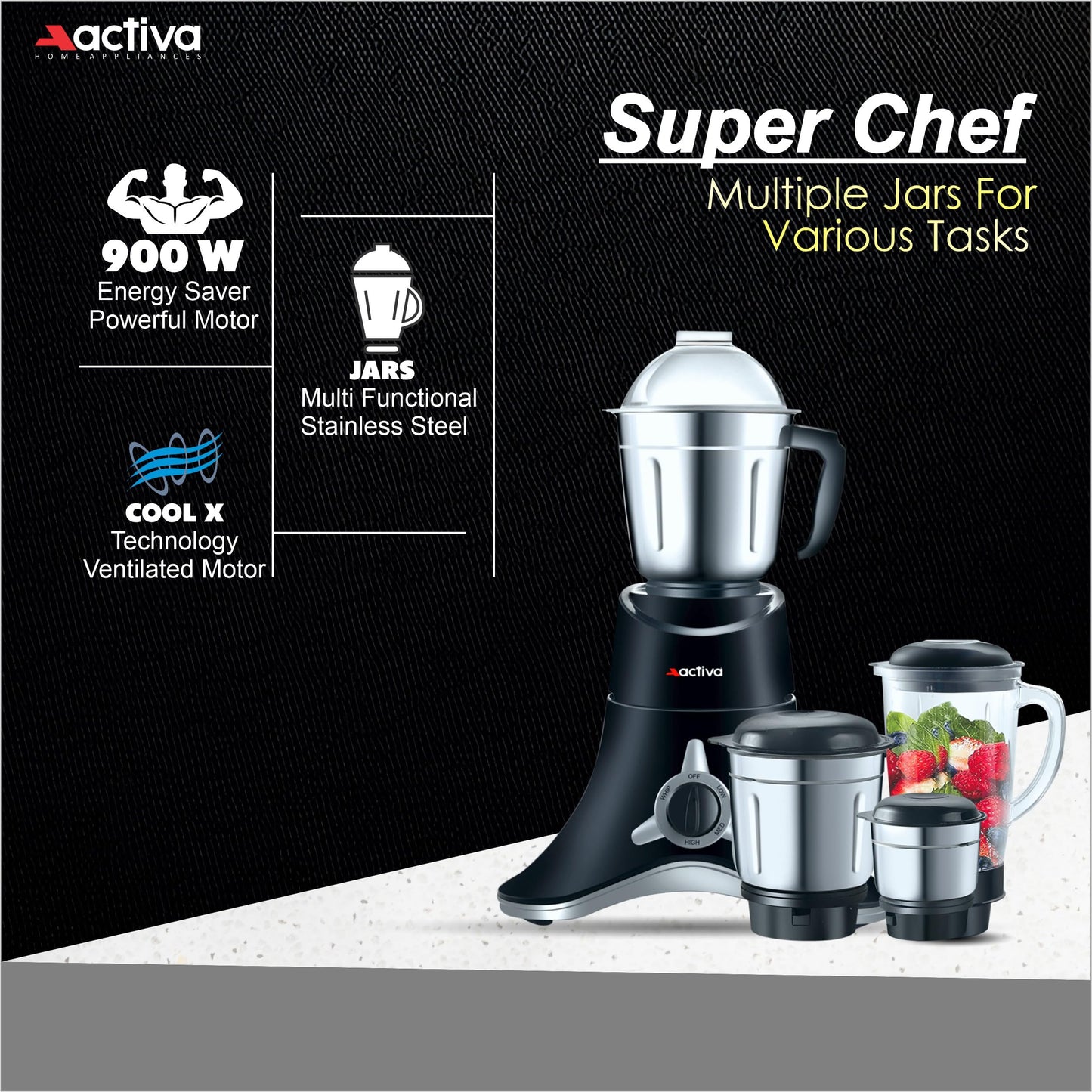 ACTIVA ABS Super Chef 900 Watts Powerful Motor Mixer Grinder With 4 Jars | 2 Years Motor, Black