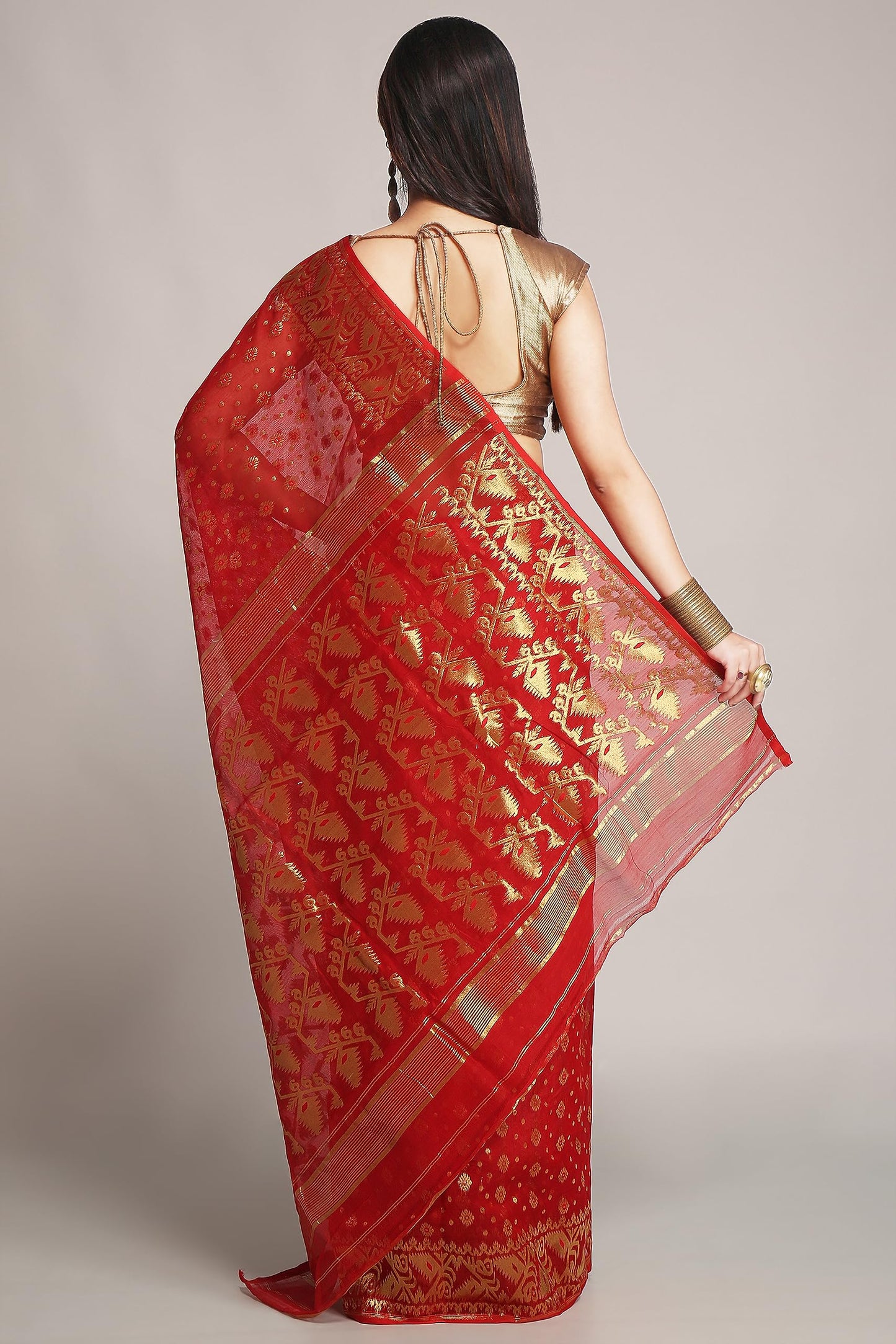 WoodenTant women’s cotton silk golden zari dhakai jamdani saree without blouse piece_(Red)