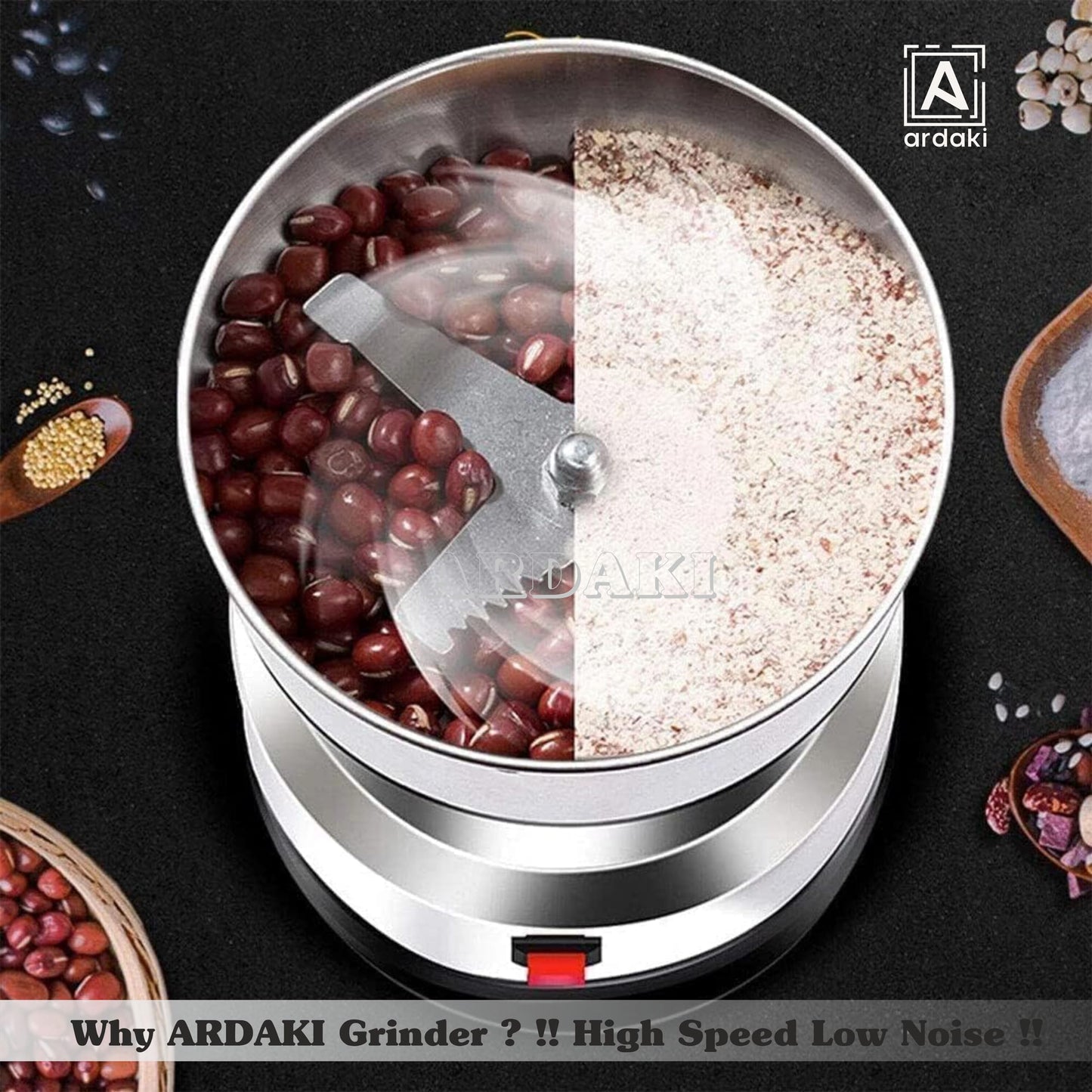 ARDAKI Grinder Machine for Kitchen Mixer Grinder Multi Functional Coffee Herbs Spices Nuts Grain Seasonings Spices Mill Powder Machine Stainless Steel Mixie for Kitchen (Mixer_Grinder_200)