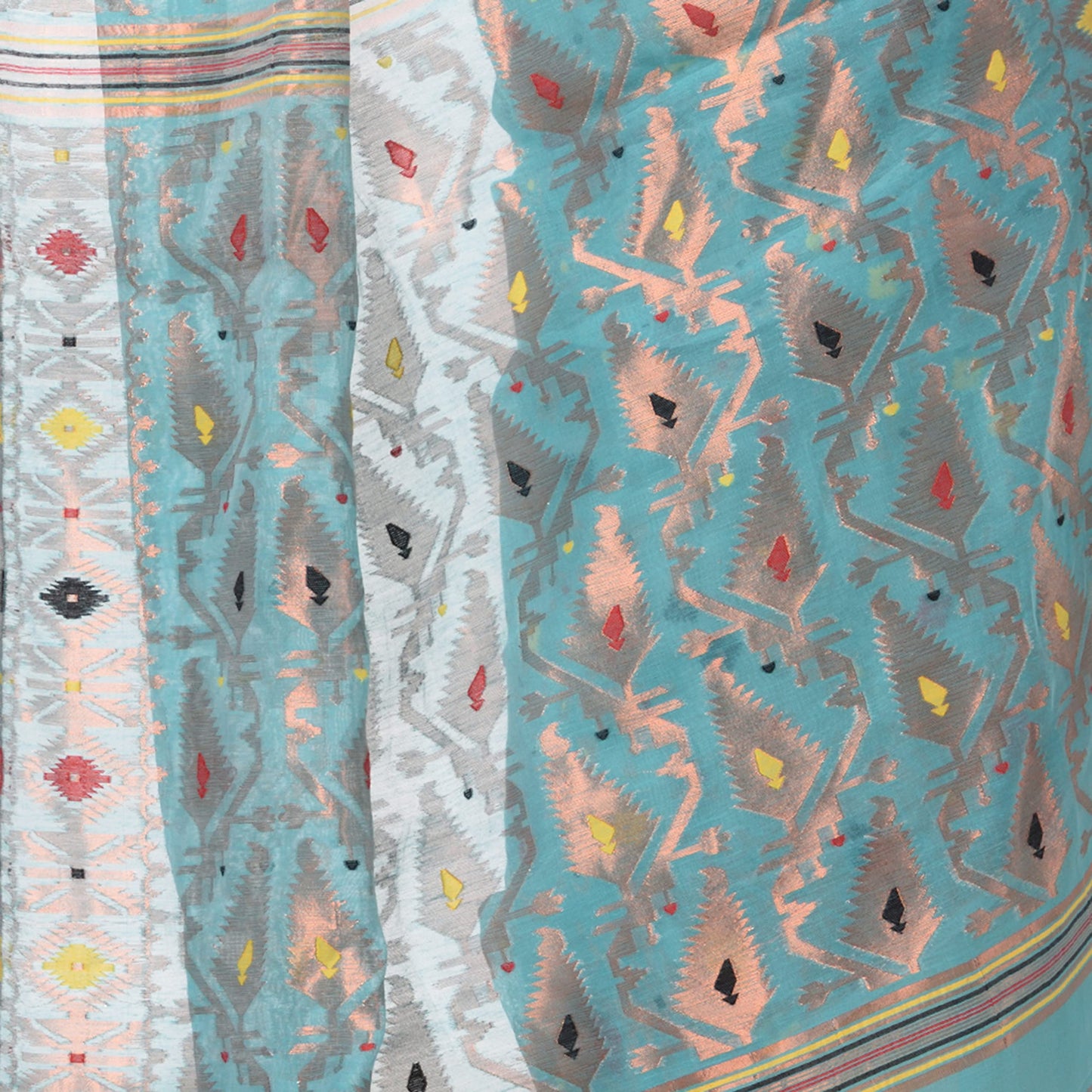 Tantloom Women's Jamdani Cotton Blend Saree With Blouse Piece (Tl290722Jmzarikarat_F_Firozi)