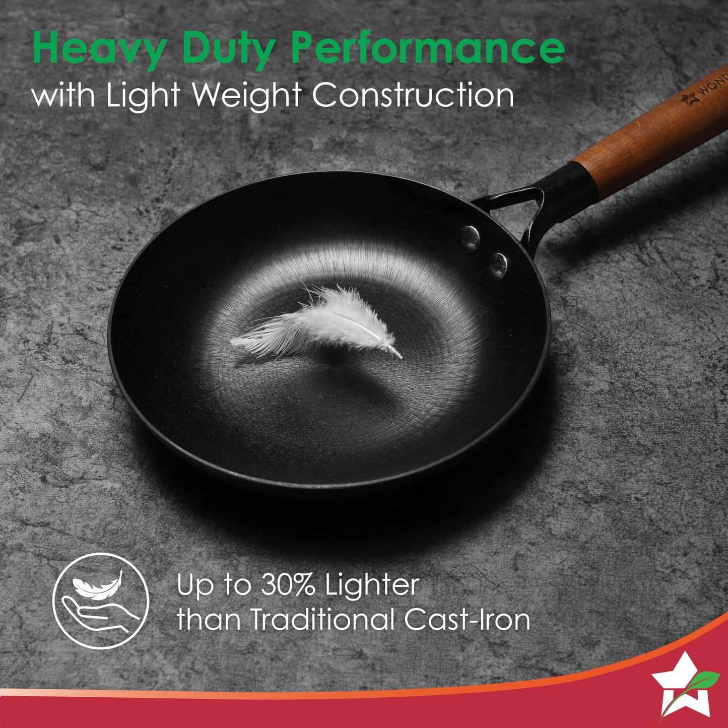 Wonderchef Pre-Seasoned Ferro Light 24cm Cast Iron Fry Pan | 1.4L | Acacia Wooden Handles | Gravity Moulding Technology | No Chemical Coating |10 Year Warranty