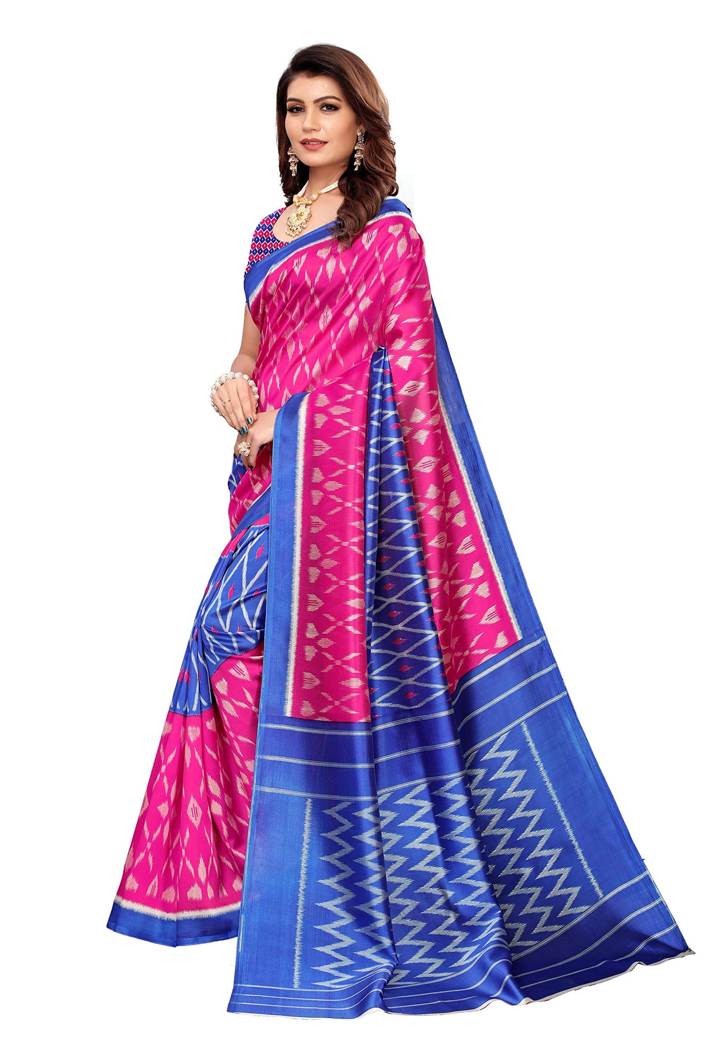 ANNI DESIGNER Women's Blue Mysore Silk Printed Saree with Blouse Piece(Sky Stripers Blue_Free Size)