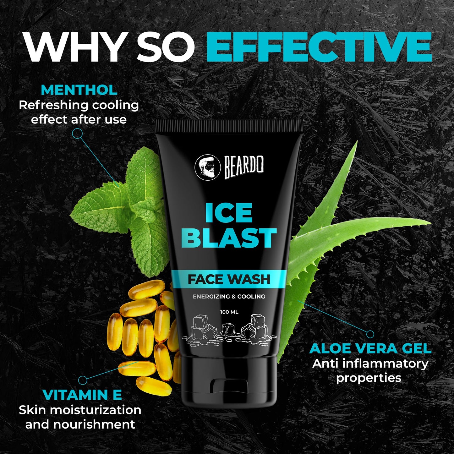 BEARDO Ice Blast Cooling Facewash for Men, 100 ml | INSTANT Icy freshness | Aloe Vera Face wash, Vitamin E & Menthol for cool lock technology | Refreshing & Hydrating facewash