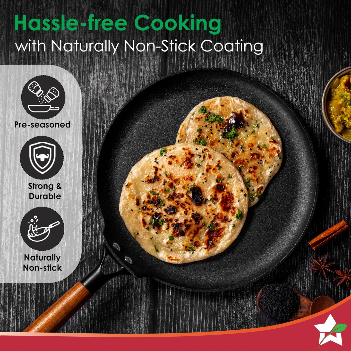 Wonderchef Pre-Seasoned Ferro Light 28cm Dosa Tawa | 4MM | Acacia Wooden Handles | Gravity Moulding Technology | No Chemical Coating |10 Year Warranty