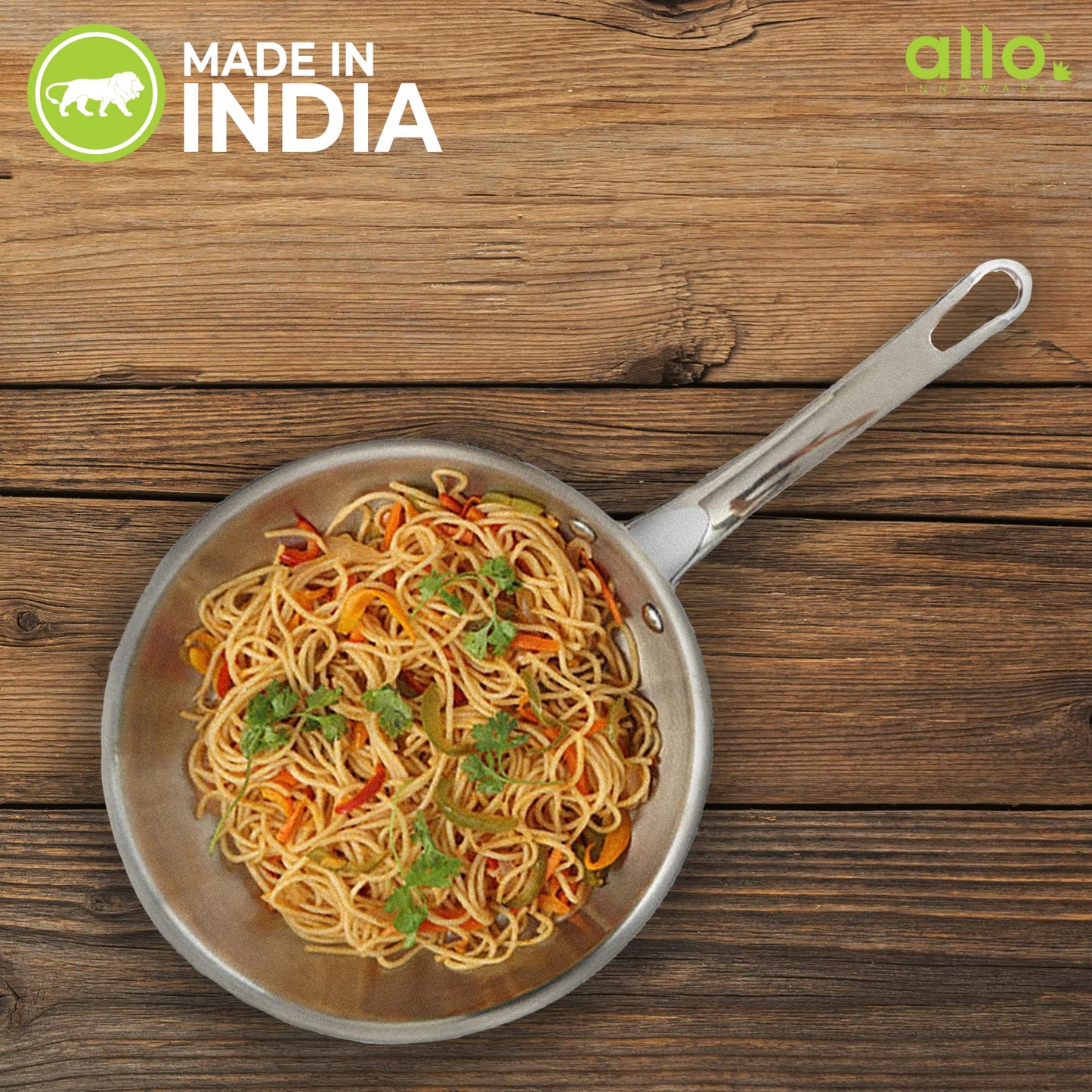 Allo Stainless Steel Triply Fry Pan/Skillet for Curry/Stir-Fry/Deep-Fry/DryVeg/Sauté/Cooking Induction Friendly, Naturally Non-Stick with Handle Steel Pan | 10 Years Warranty, 24cm, 2 litres