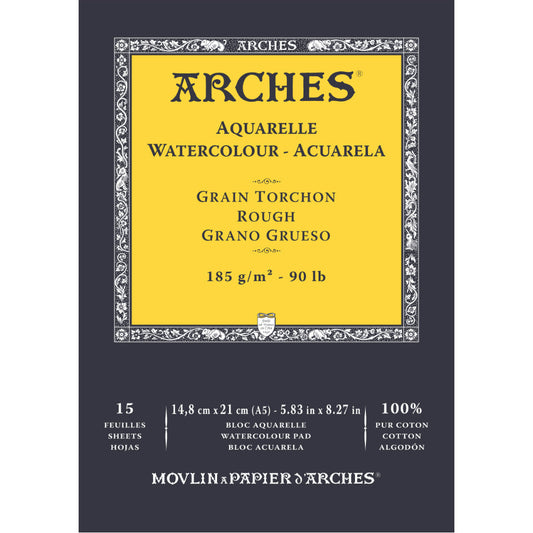 Arches Watercolour 185 Gsm Rough Natural White A5 Paper Pad- 15 Sheets
