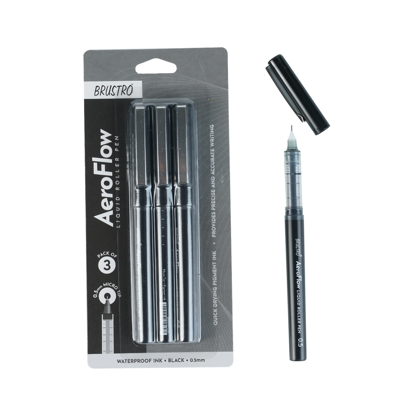 BRUSTRO AeroFlow Liquid Ink Rollerball Pens | Black | 0.5mm, Micro Tip | Pack of 3 | Ideal for Students, Professionals, Office, Exam use, Accurate Smooth Writing, Waterproof, Fade Resistant