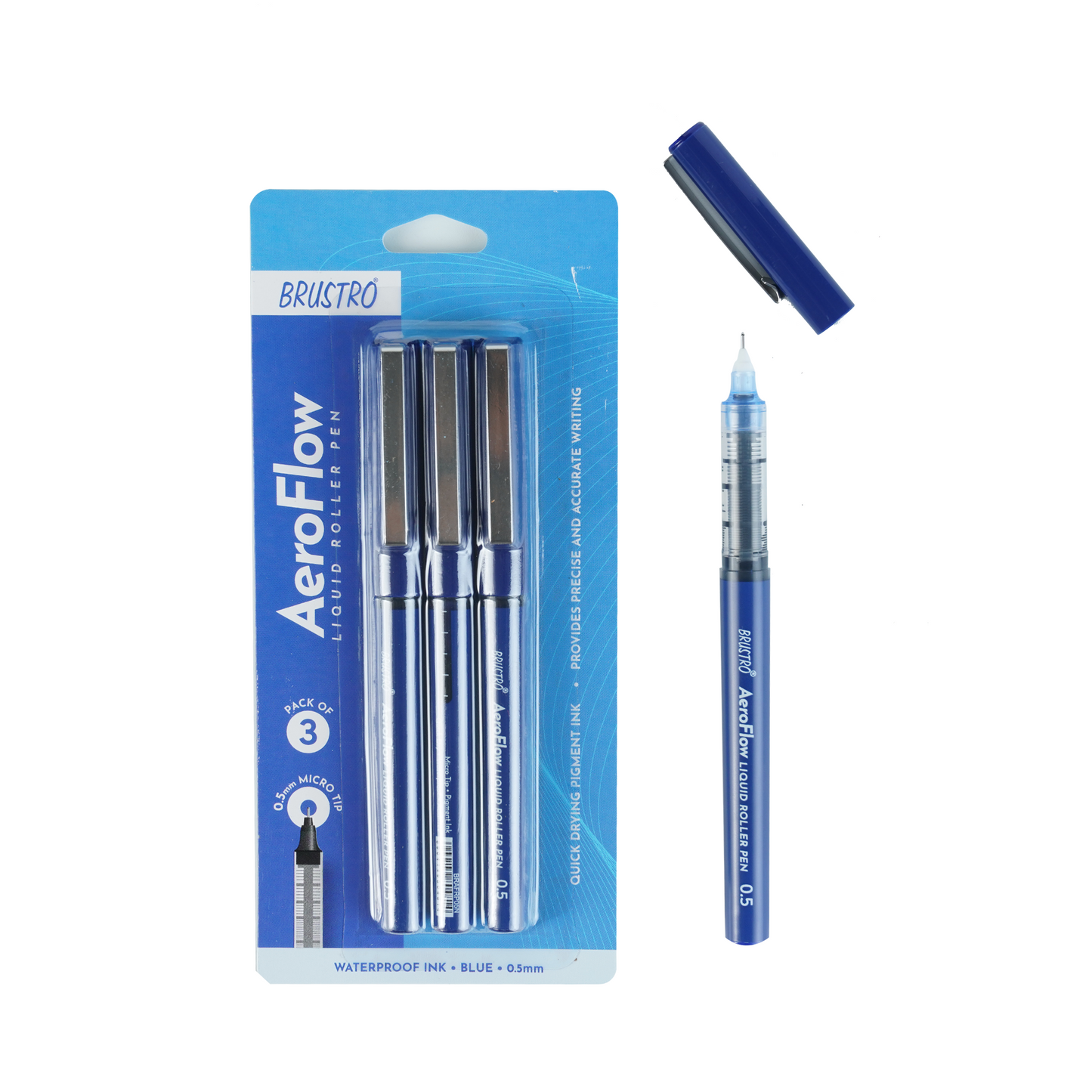 BRUSTRO AeroFlow Liquid Ink Rollerball Pens | Blue | 0.5mm, Micro Tip | Pack of 3| Ideal for Students, Professionals, Office, Exam use, Accurate Smooth Writing, Waterproof, Fade Resistant