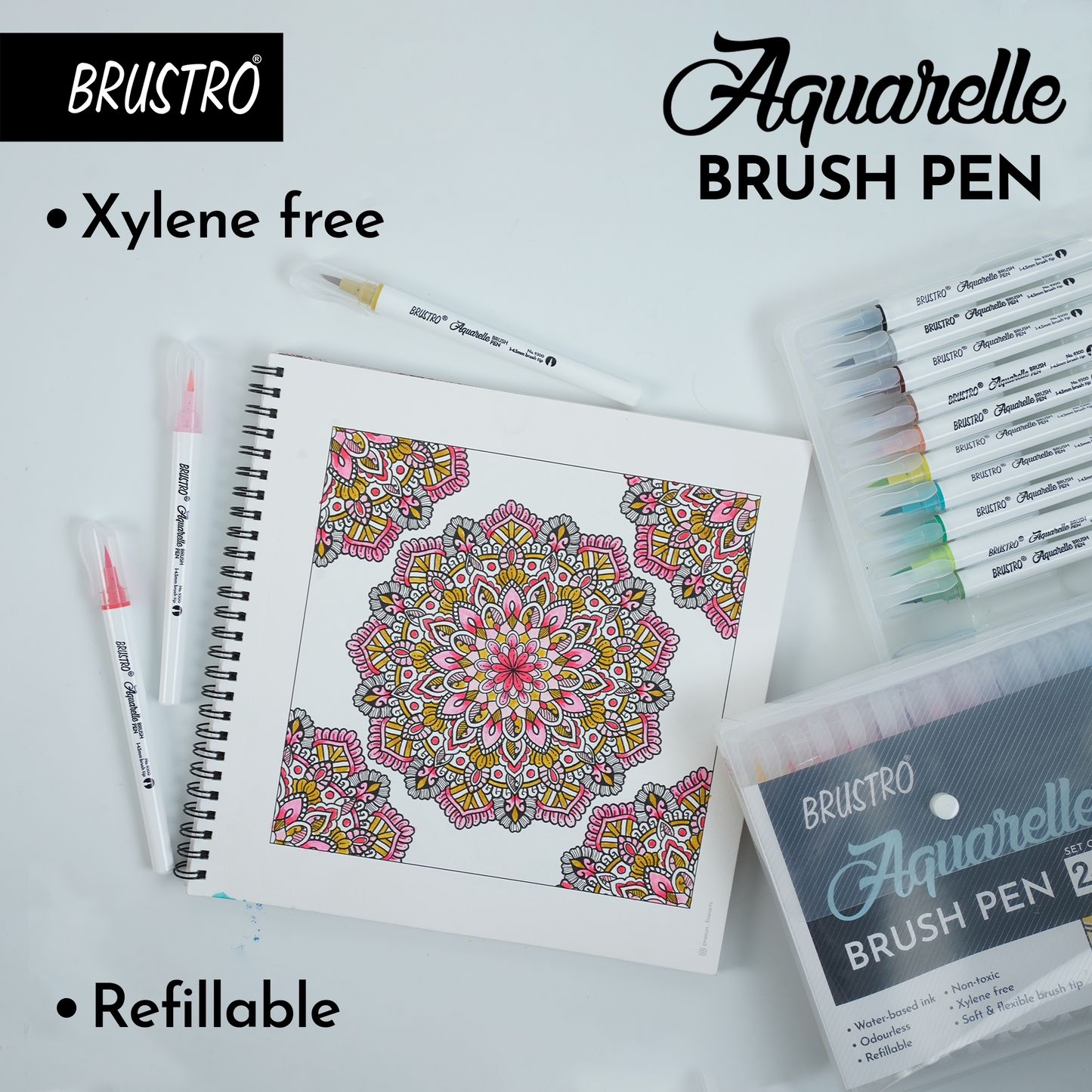 BRUSTRO Aquarelle Brush Pen | Set of 24 | Refillable, Art Markers for Students, Adults, Colouring Pens, Colors, Art Supplies, Paint, Pastel, Doodling, Marker, Drawing, Calligraphy