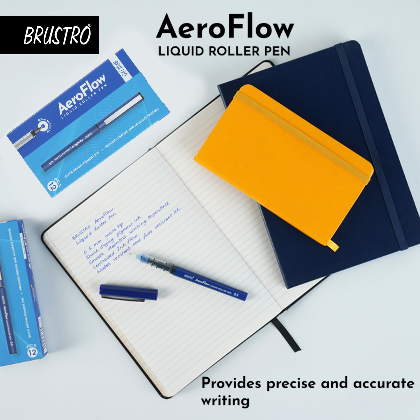 BRUSTRO AeroFlow Liquid Ink Rollerball Pens 0.5 Micro Tip Pack of 12 (Vibrant Blue ink)