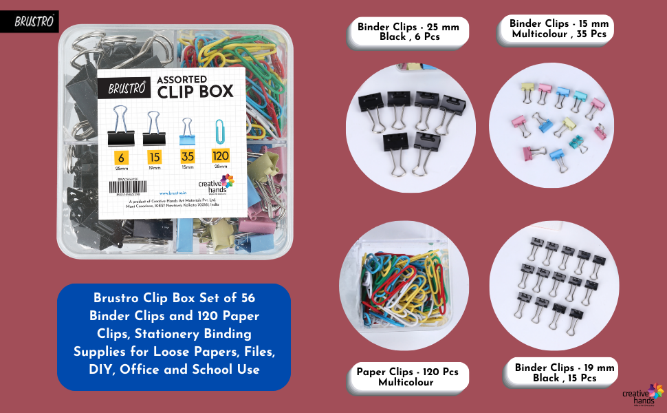 BRUSTRO Assorted Clip Box | Includes 120 Paper Clips-28mm & 56 Binder Clips (25mm- 6 pcs| 19mm- 15 pcs| 15mm- 35pcs) | Home, Office, Stationery use, Ideal for Students and Adults, Reusable, Flexible