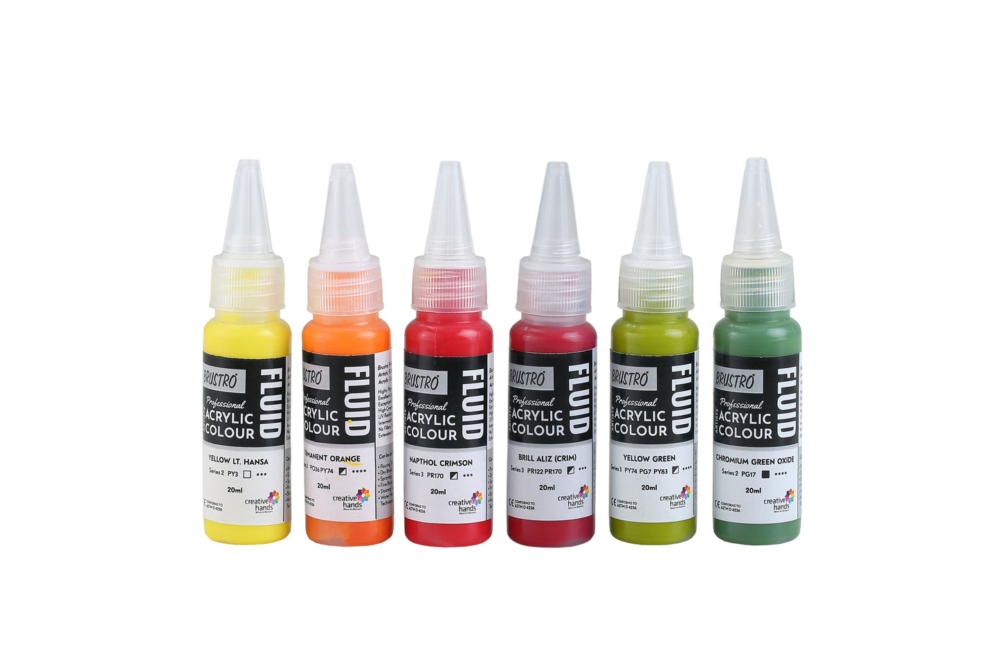 Brustro Professional Artists ’ Fluid Acrylic 20 ml Tropical Paradise Set of 6 (Yellow LightHansa,Chromium Green Oxide,Yellow Green,Brill Aliz,Napthol Crimson,Perm Orange) with Pouring Medium 200 ml