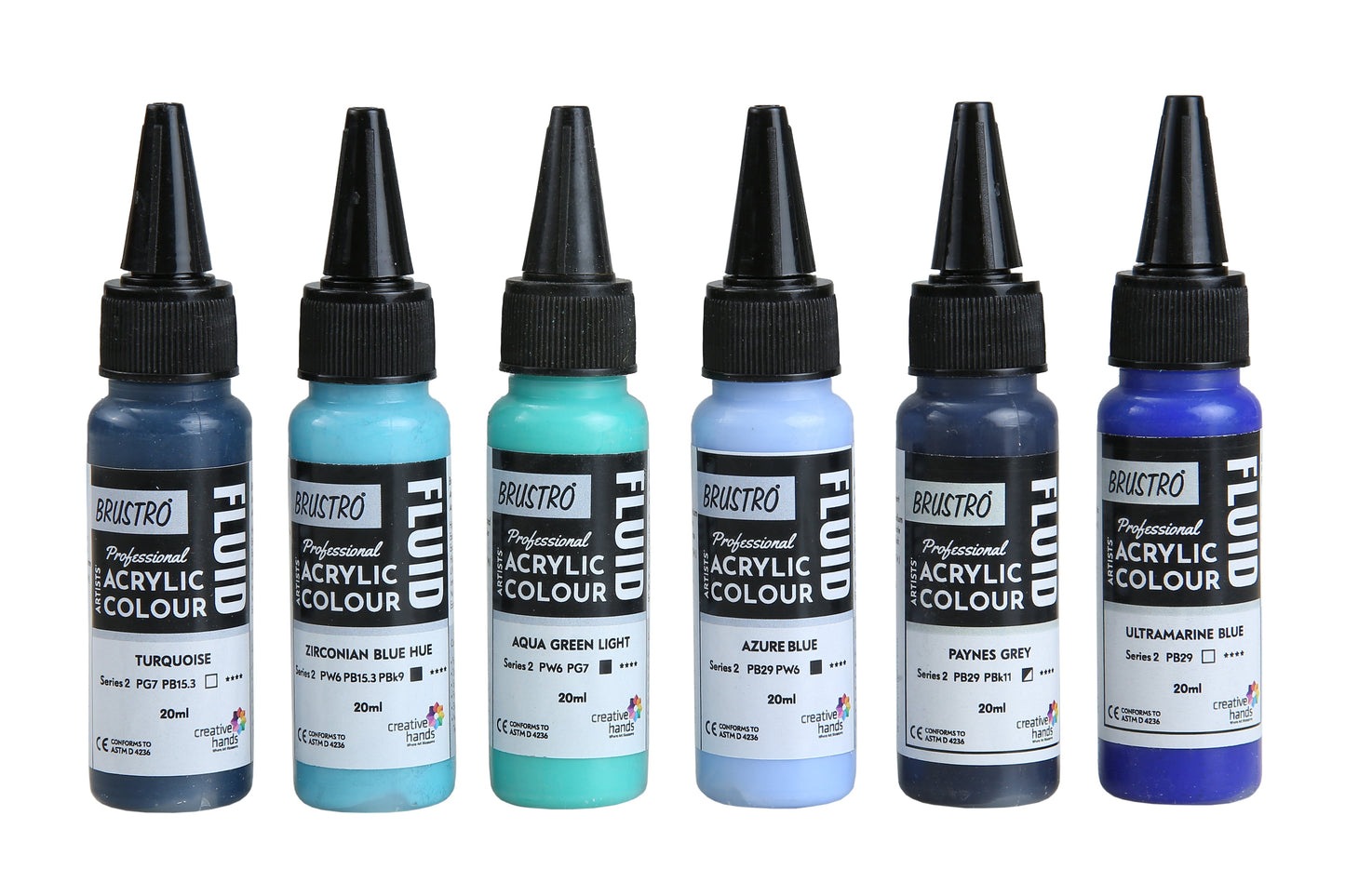 Brustro Professional Artists’ Fluid Acrylic 20 ml Beyond The Blues (Pack of 6) (Turquoise, Ultramarine Blue, Zirconian Blue Hue, Paynes Grey, Aqua Green Light, Azure Blue)