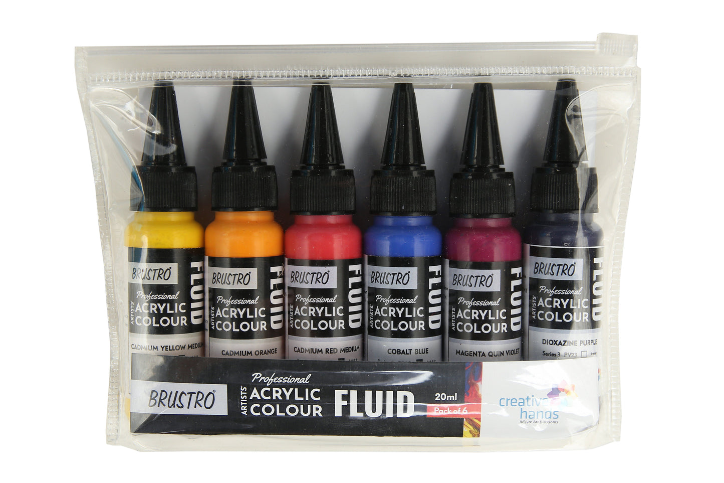 Brustro Professional Artists’ Fluid Acrylic 20 ml High Chroma (Pack of 6) (Cadmium Orange, Cadmium Yellow Medium, Cadmium Red Medium, Cobalt Blue, Dioxazine Purple, Magenta Quinh Violet, 20 ml)