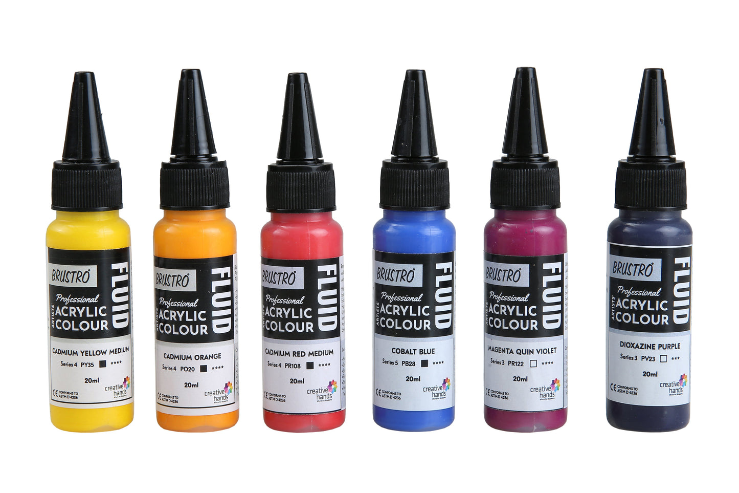 Brustro Professional Artists ’ Fluid Acrylic 20 ml High Chroma Set of 6 (Cad Orange,Cad Yellow Medium,Cad Red Medium,Cobalt Blue,Dioxazine Purple,Magenta Quinh Violet) with Pouring Medium 200 ml