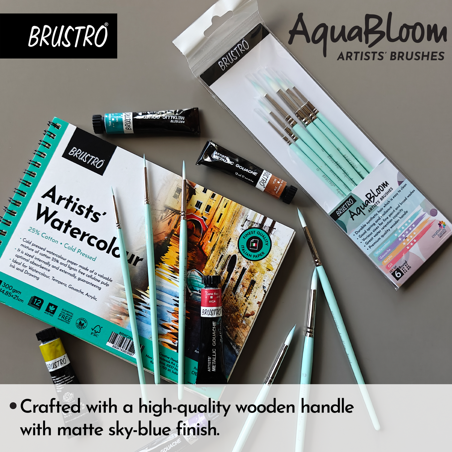 BRUSTRO AquaBloom Artist's Paint Brushes | Round | Set of 6 - Sizes (0, 2, 4, 6, 8, 10) | Wooden Handle, Comfortable Grip, Synthetic Bristles, Ideal for Watercolour, Gouache, Painting.