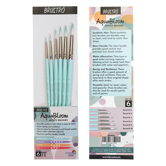BRUSTRO AquaBloom Artist's Paint Brushes | Round | Set of 6 - Sizes (0, 2, 4, 6, 8, 10) | Wooden Handle, Comfortable Grip, Synthetic Bristles, Ideal for Watercolour, Gouache, Painting.