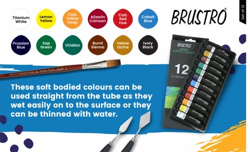 BRUSTRO Artist's Acrylic Colour | Set of 12 Colors X 12ml Tubes | Ideal for Students and Adults, DIY, Rich Pigment, Non-Craking Paint for Canvas, Wood, Leather, Portrait, Pouring Medium Art