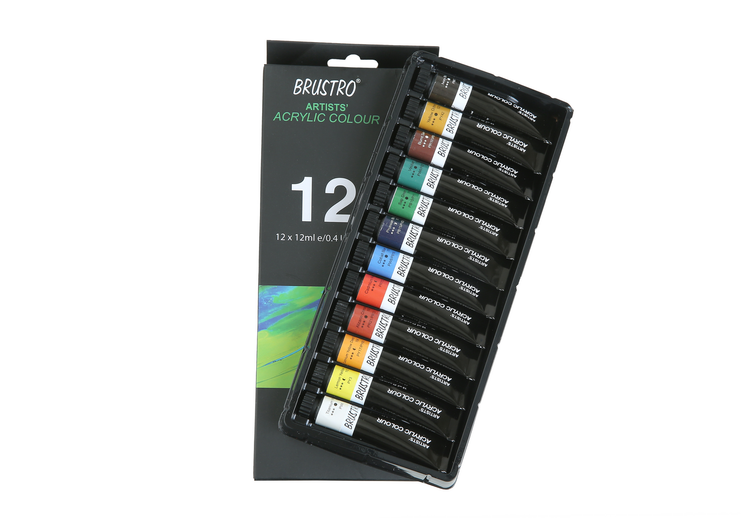 BRUSTRO Artist's Acrylic Colour | Set of 12 Colours X 12ml Tubes | Highly pigmented, Intermixable, Perfect for Canvas, Art, Rock Painting, Professionals and Artists