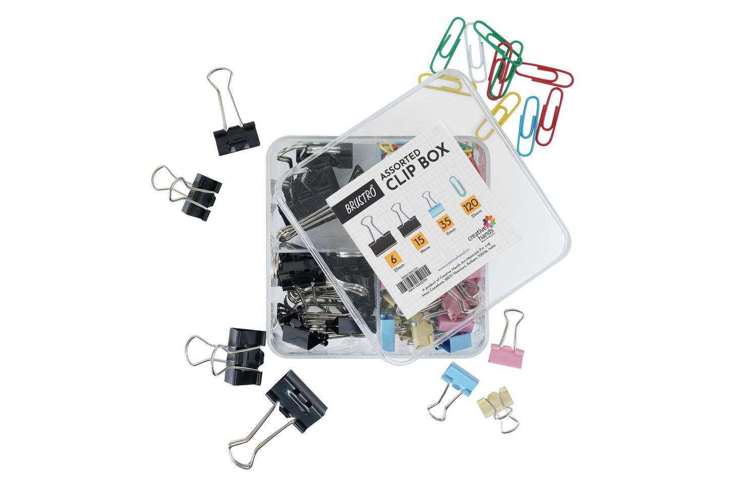 BRUSTRO Assorted Clip Box | Includes 120 Paper Clips-28mm & 56 Binder Clips (25mm- 6 pcs| 19mm- 15 pcs| 15mm- 35pcs) | Home, Office, Stationery use, Ideal for Students and Adults, Reusable, Flexible