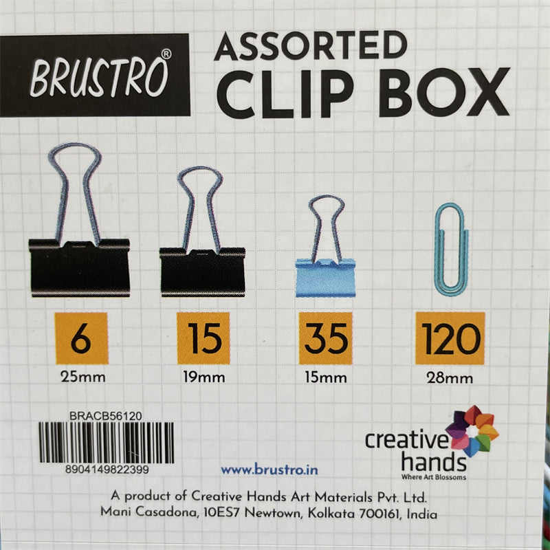 BRUSTRO Assorted Clip Box | Includes 120 Paper Clips-28mm & 56 Binder Clips (25mm- 6 pcs| 19mm- 15 pcs| 15mm- 35pcs) | Home, Office, Stationery use, Ideal for Students and Adults, Reusable, Flexible