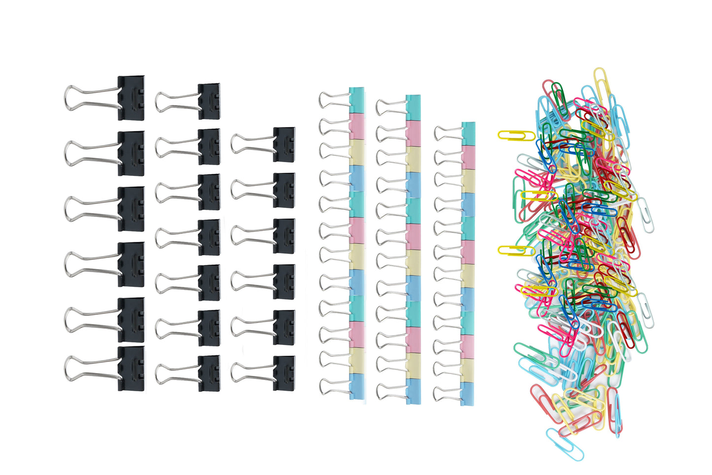 BRUSTRO Assorted Clip Box | Includes 120 Paper Clips-28mm & 56 Binder Clips (25mm- 6 pcs| 19mm- 15 pcs| 15mm- 35pcs) | Home, Office, Stationery use, Ideal for Students and Adults, Reusable, Flexible