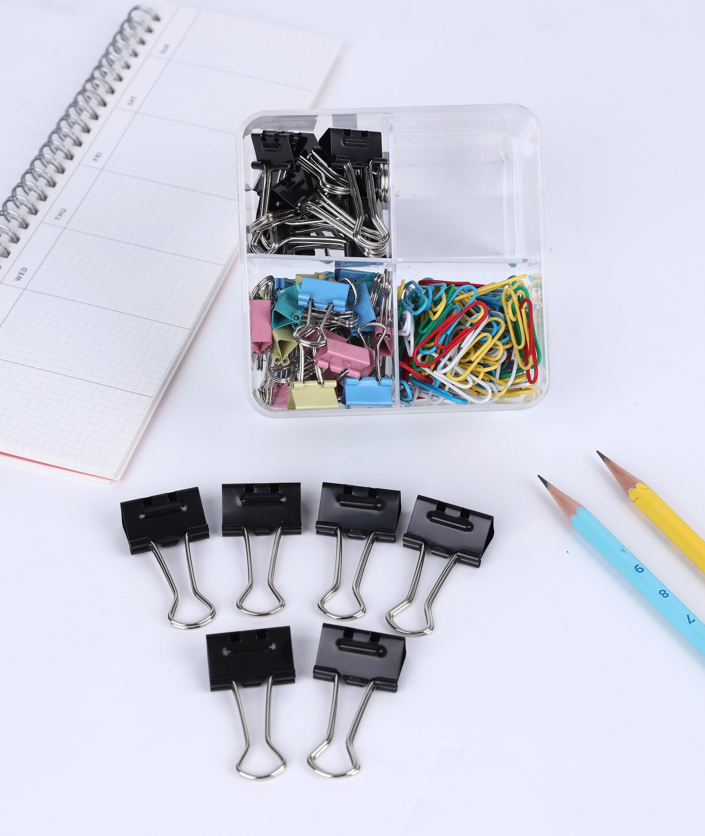 BRUSTRO Assorted Clip Box | Includes 120 Paper Clips-28mm & 56 Binder Clips (25mm- 6 pcs| 19mm- 15 pcs| 15mm- 35pcs) | Home, Office, Stationery use, Ideal for Students and Adults, Reusable, Flexible