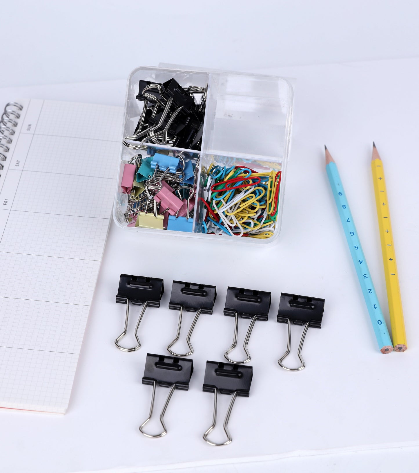 BRUSTRO Assorted Clip Box | Includes 120 Paper Clips-28mm & 56 Binder Clips (25mm- 6 pcs| 19mm- 15 pcs| 15mm- 35pcs) | Home, Office, Stationery use, Ideal for Students and Adults, Reusable, Flexible